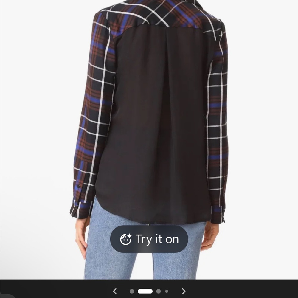 L' Agence Plaid Button-Up Shirt -with Sheer back Black and Blue